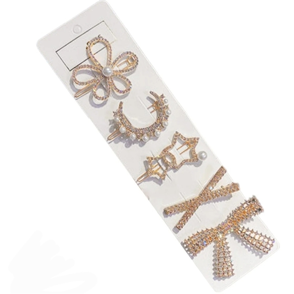 Rhinestone Hair Clip Set with Pearl Accents Gold